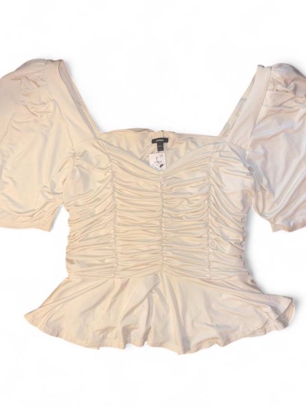 Express Cream Ruched Puff Sleeve Peplum Blouse NWT size Large
